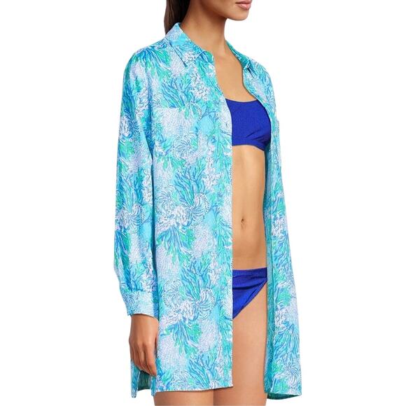 LILLY PULITZER Lagoon Linen Cover-Up Shirt Dress Women S Oversize Beach Resort - Picture 3 of 16